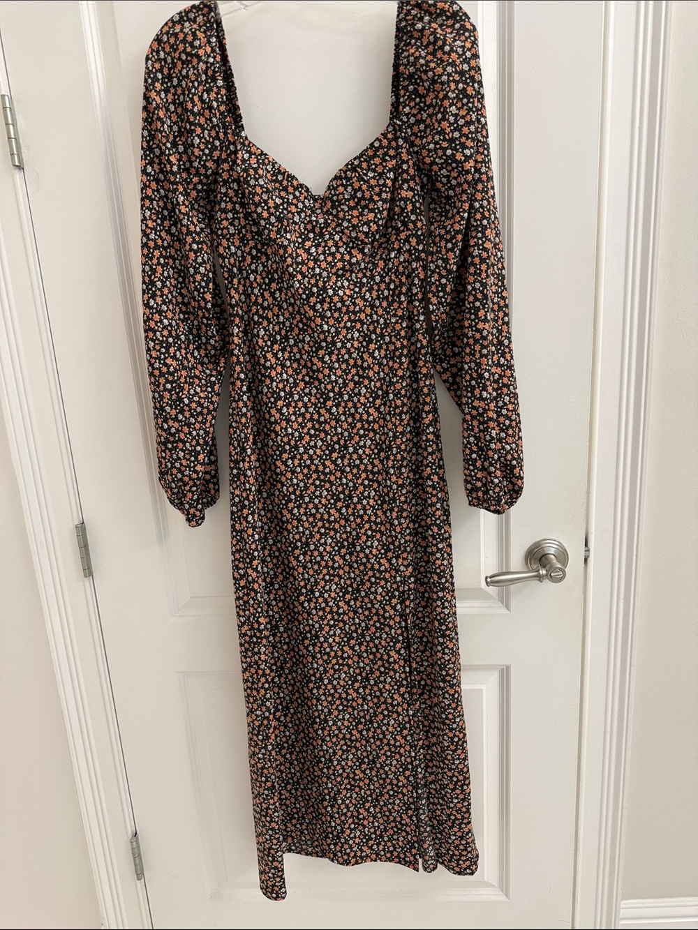 emory park Black Floral Long Sleeve Midi Dress with Orange Accents